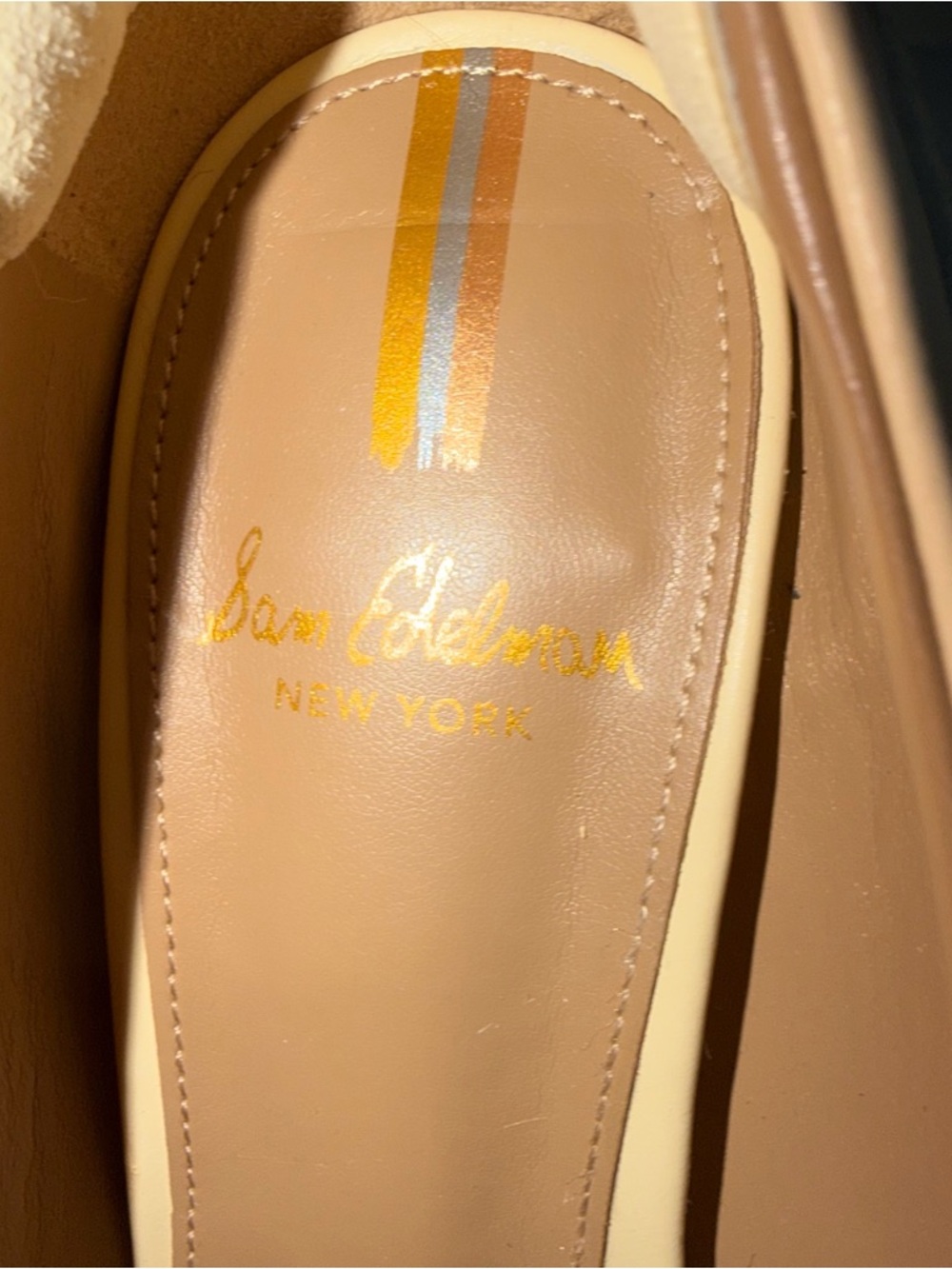 NWOT Sam Edelman Cream and Brown Leather Block Heel Loafers with Gold Chain - Picture 10 of 16